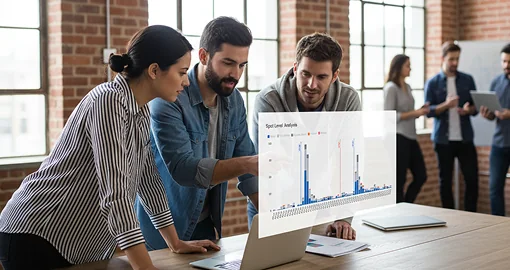 Group of professionals reviewing advertising data on a laptop.