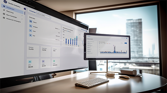 Dual-monitor setup displaying TV campaign analytics and performance charts.