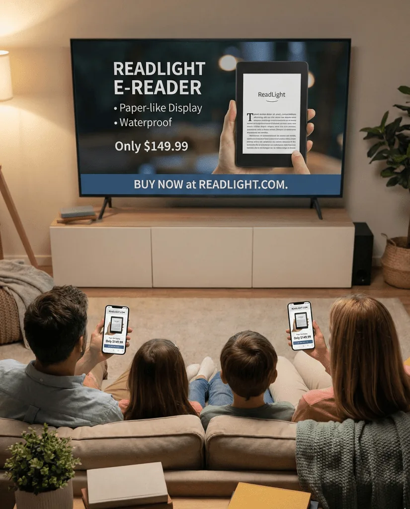 Family watching a commercial on television.